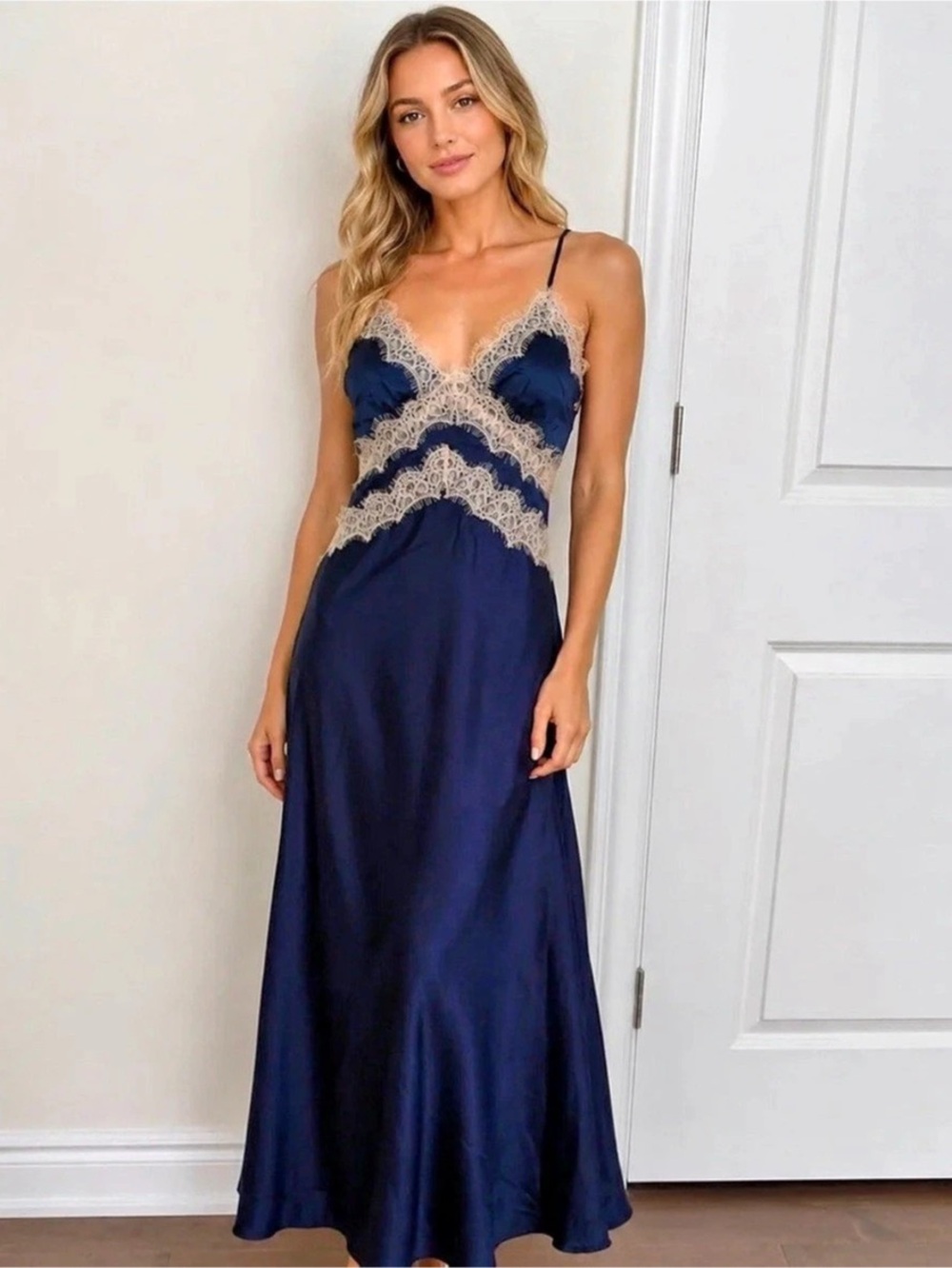 Thirty Thirty Navy blue satin lace maxi slip dress